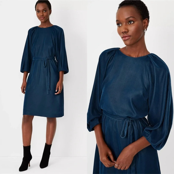Ann Taylor Velvet‎ Belted Shift Dress Dark Teal Blue Size 4P - Picture 1 of 15